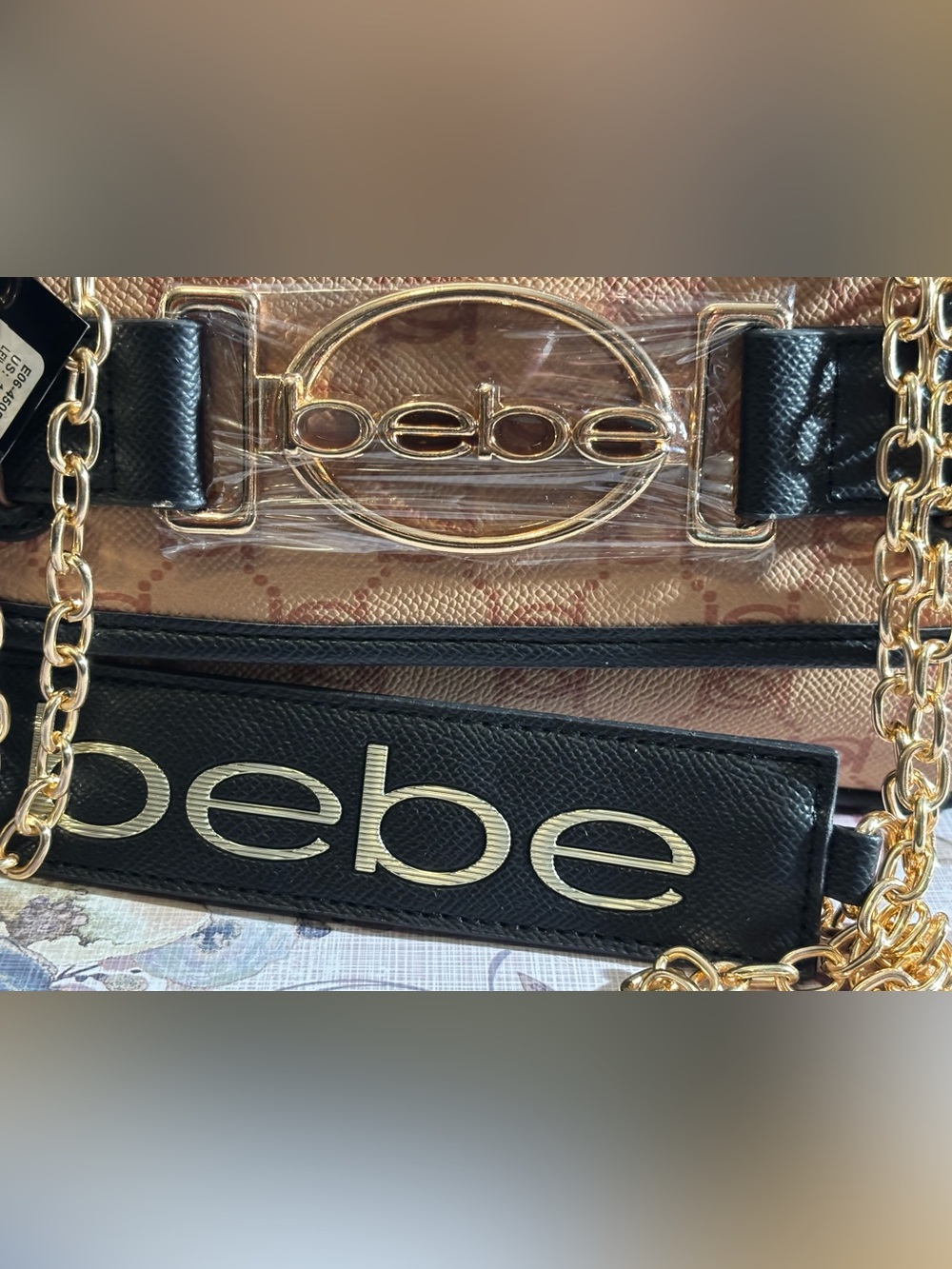 bebe Beige & Black Monogram Bag Shoulder or Crossbody with Gold Hardware - Picture 3 of 8
